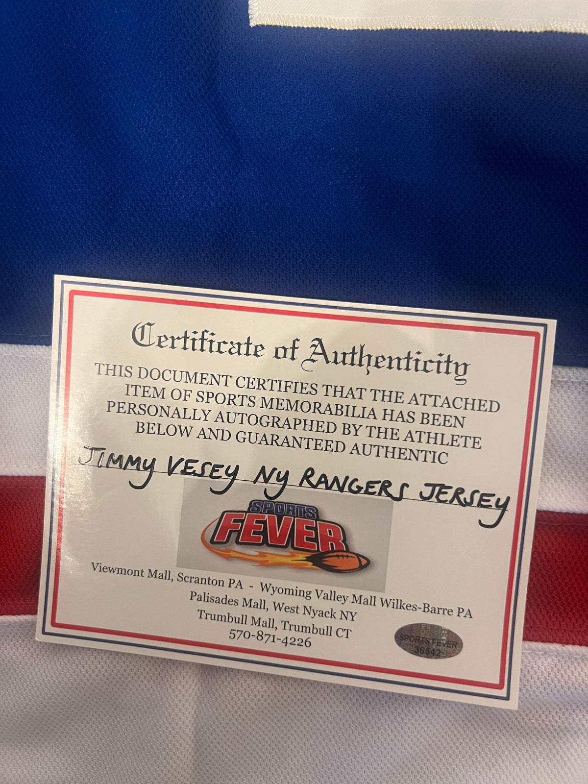 Jimmy Vesey New York Rangers autographed jersey COA Photo product image 5