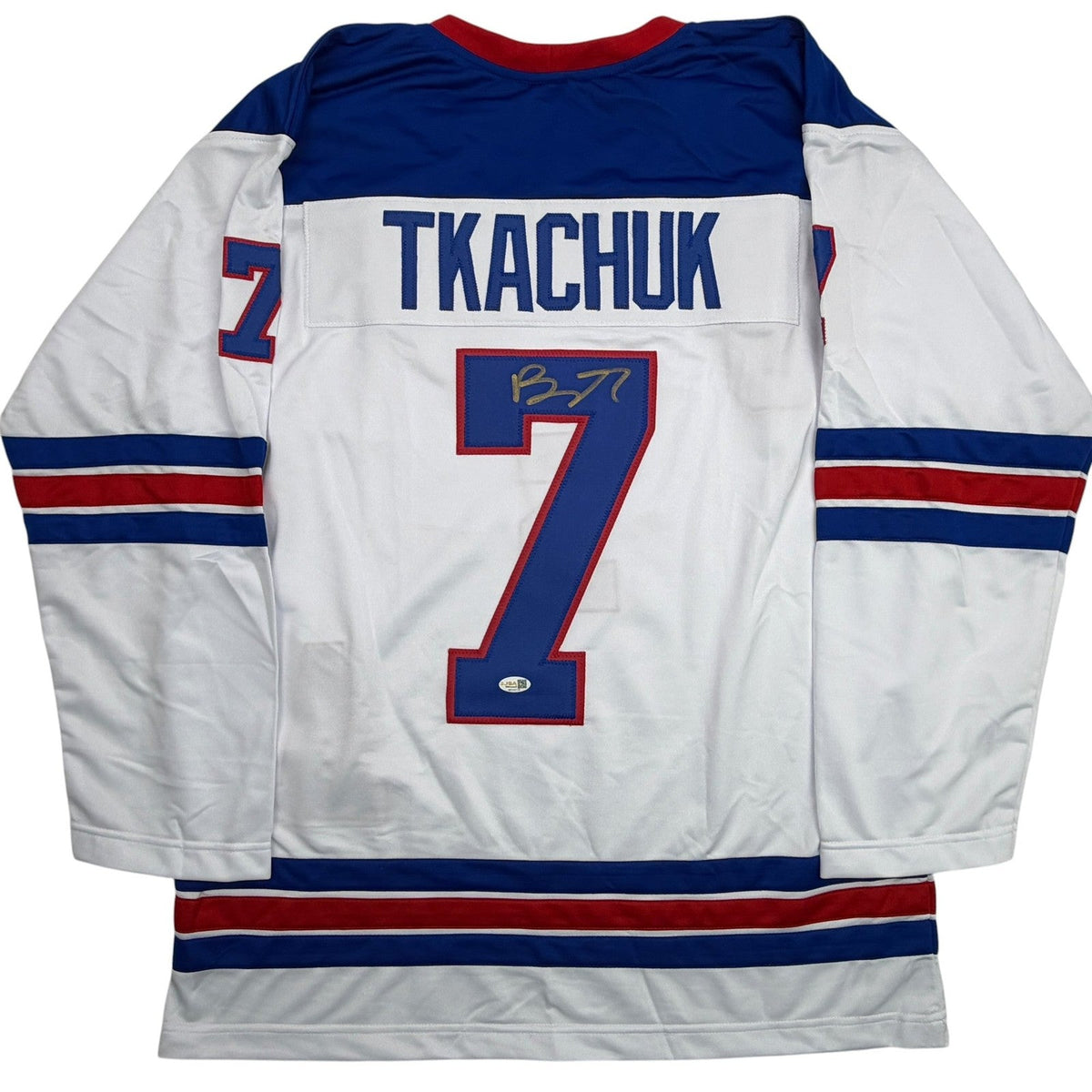 Autographed/Signed Brady Tkachuk USA 2026 Olympics Gold White Jersey JSA COA product image 1, provided for visual reference