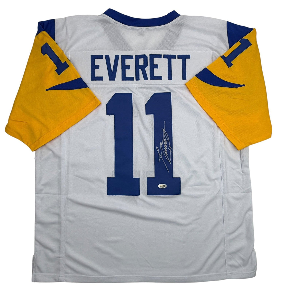 Autographed/Signed Jim Everett Los Angeles LA White Football Jersey JSA COA product image 1, provided for visual reference
