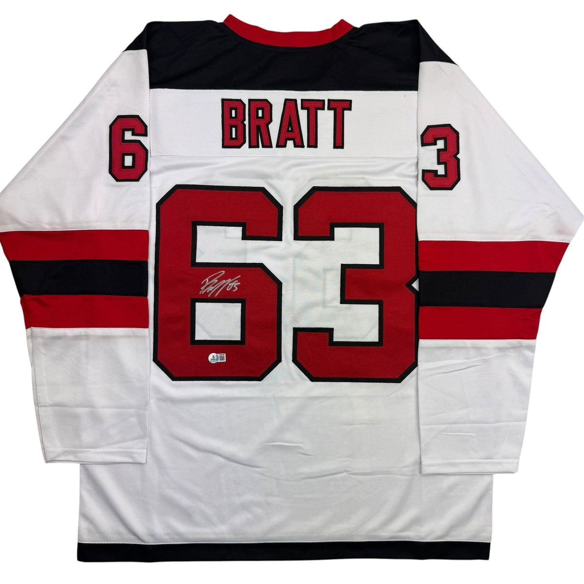 Autographed/Signed Jesper Bratt New Jersey White Hockey Jersey Beckett BAS COA product image 1, provided for visual