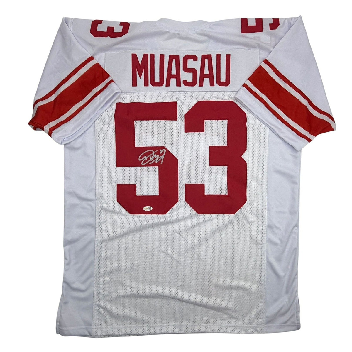 Autographed/Signed Darius Muasau New York White Football Jersey JSA COA product image 1, provided for visual reference and