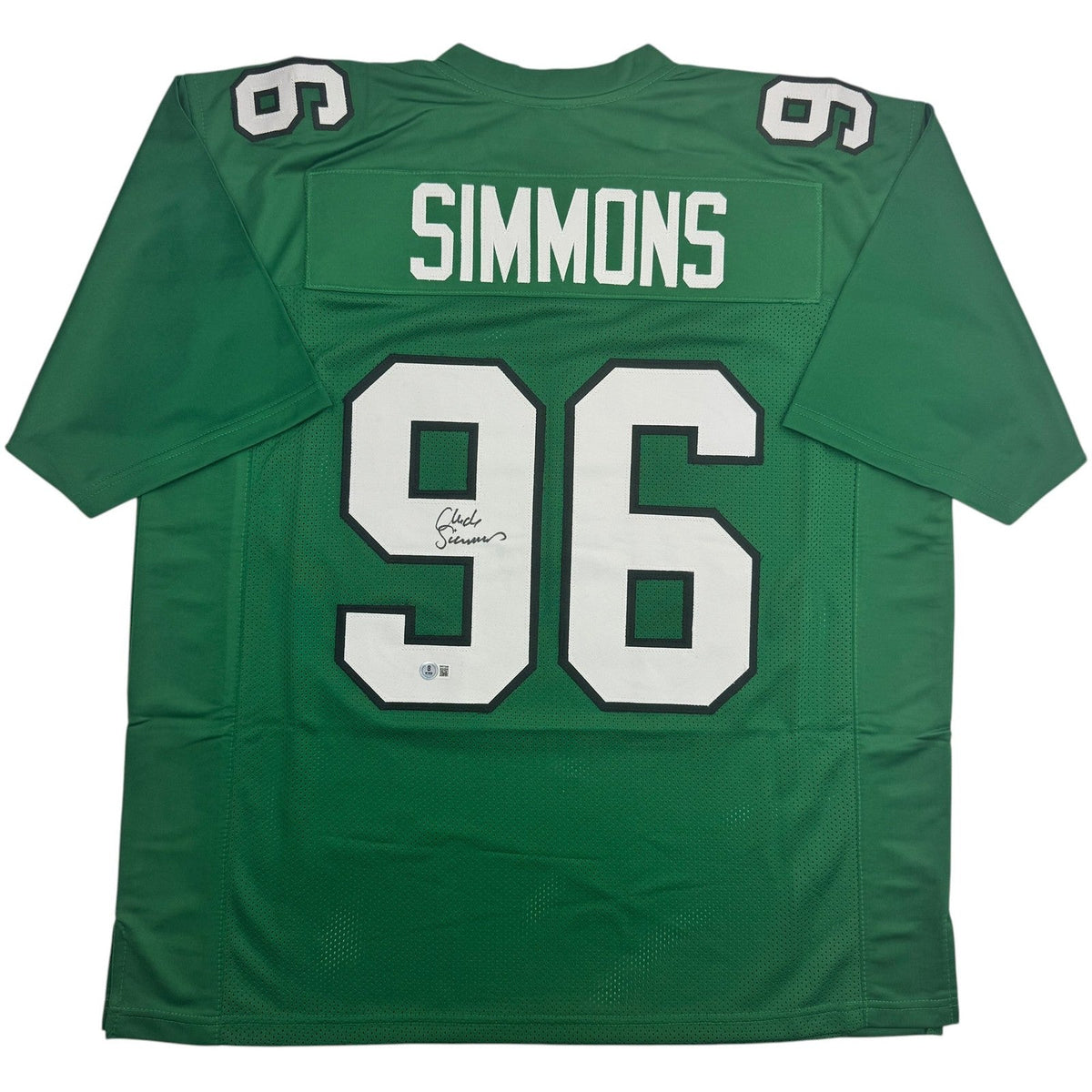 Autographed/Signed Clyde Simmons Philadelphia Green Football Jersey Beckett COA product image 1, provided for visual