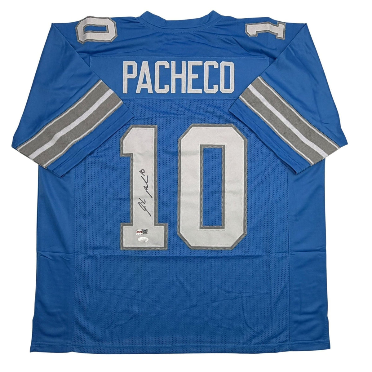 Autographed/Signed Isiah Pacheco Detroit Blue Football Jersey JSA COA product image 1, provided for visual reference and